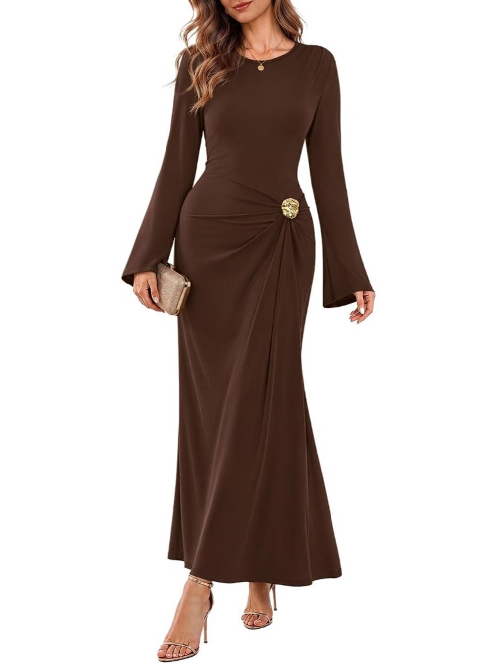 Women's Brown Fashion Bodycon Long Sleeve Cocktail Outfits Guest Maxi Dresses